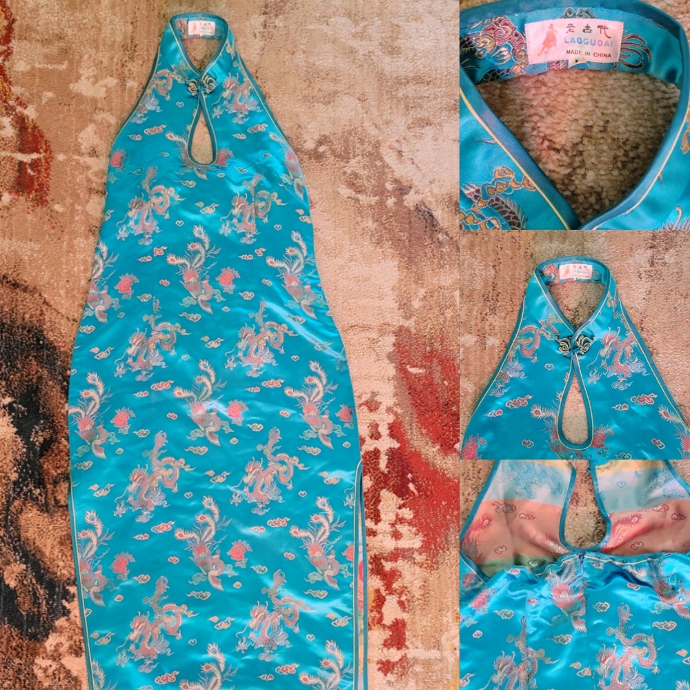 Vintage mandarin collar satin halter dress. Size large.